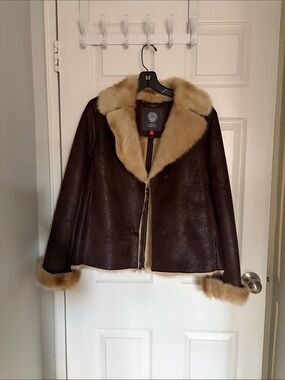 Vince Camuto Dark Brown Shearling Jacket with Tan Fur Trim